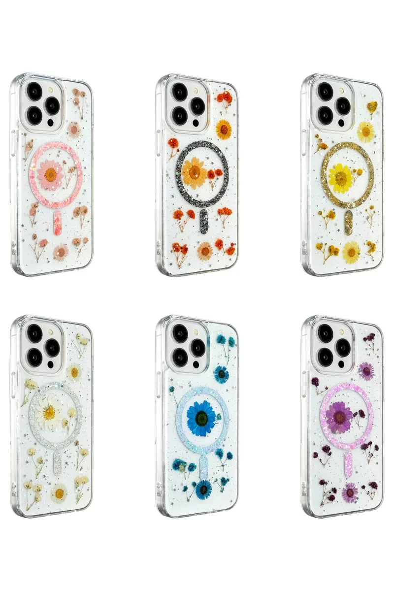 Newface Apple iPhone 12 Kılıf Daisy Simli Magsafe Kapak - Pembe