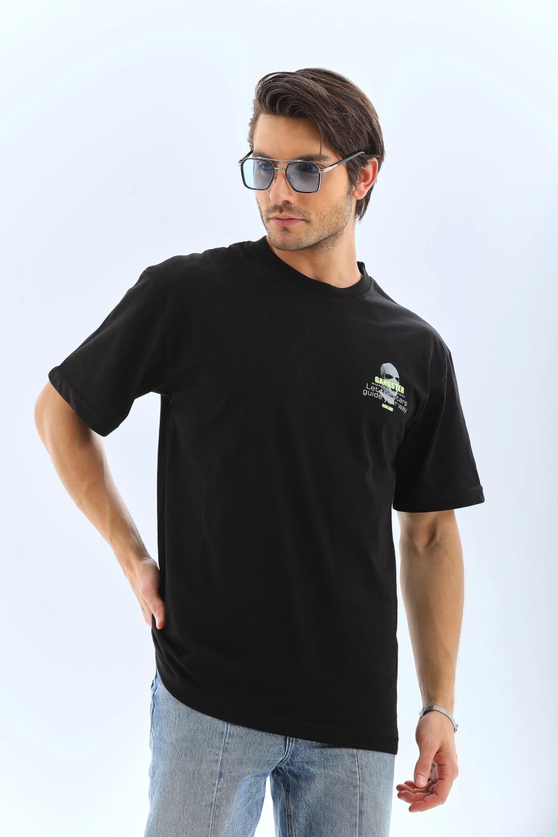 Erkek Baskılı Bisiklet Yaka Kısa kol T-Shirt - Siyah