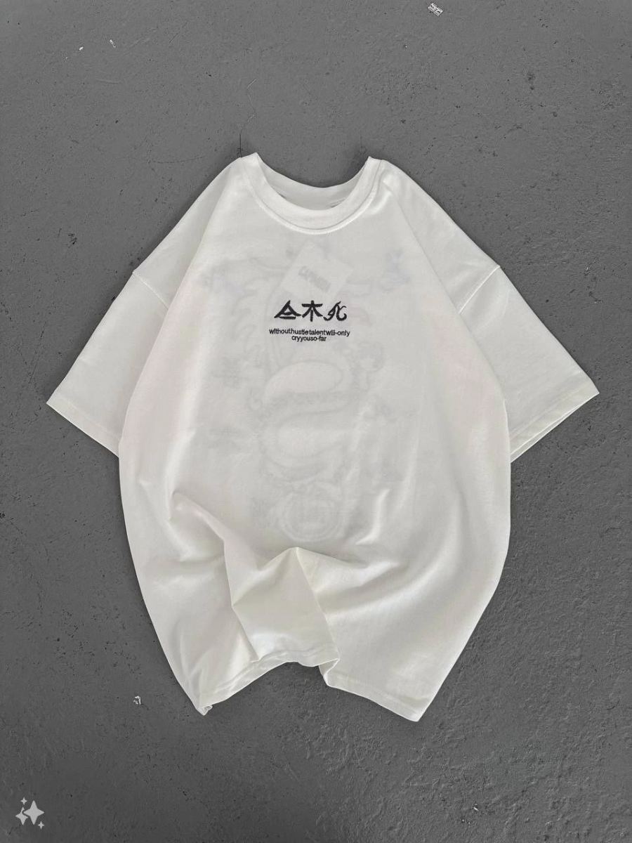 Kadın Baskılı Kısa kol Oversize T-Shirt - Beyaz