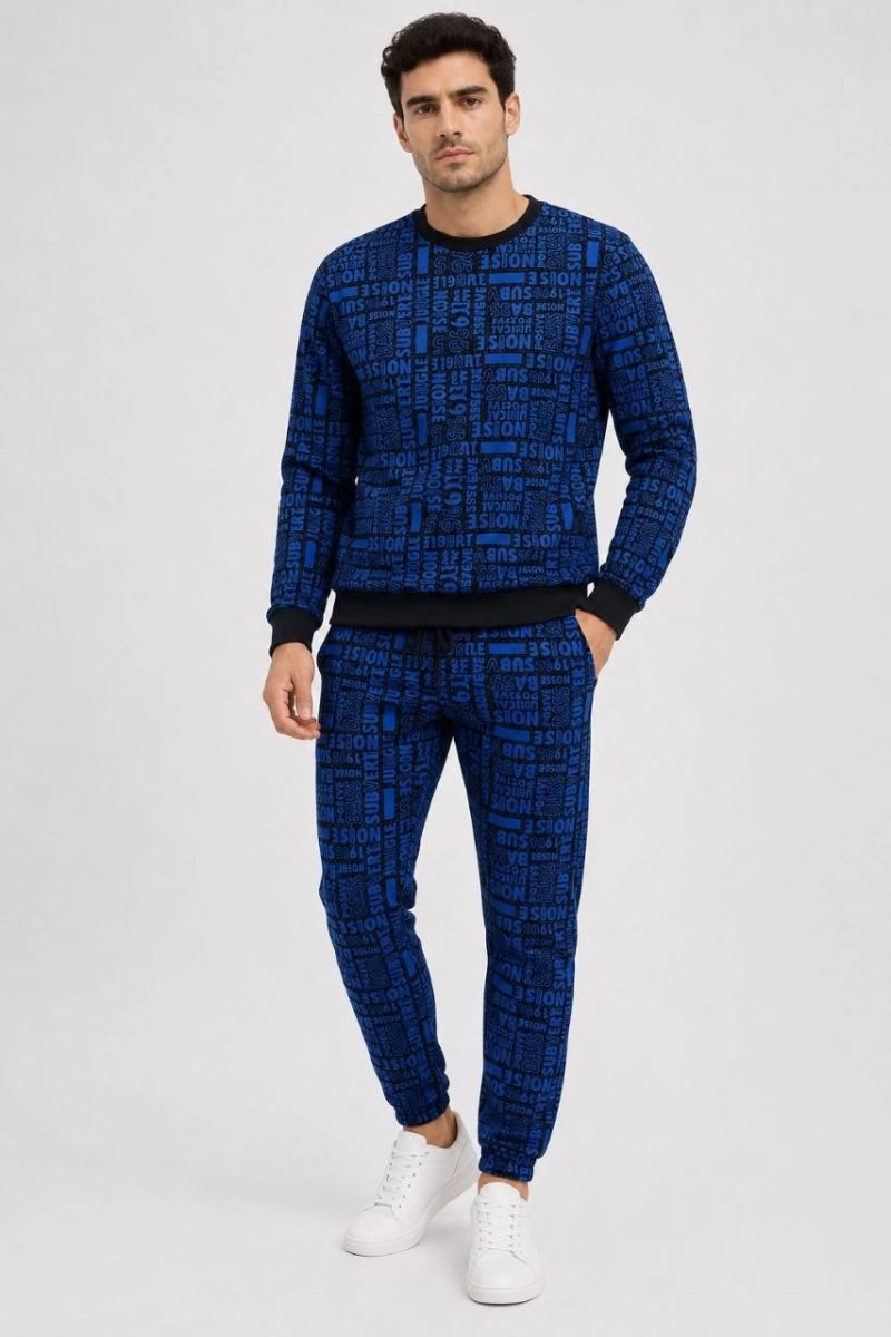 Erkek Siyah Mavi Yazı Desenli İki İplik Şardonlu Eşofman Takımı