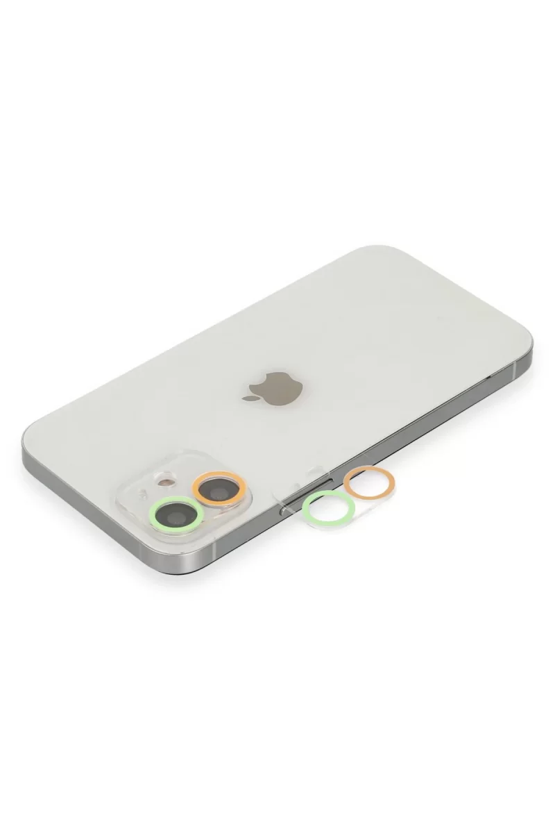 Newface Apple iPhone 12 Mini Renkli Kamera Lens Koruma Cam - Turuncu-Yeşil