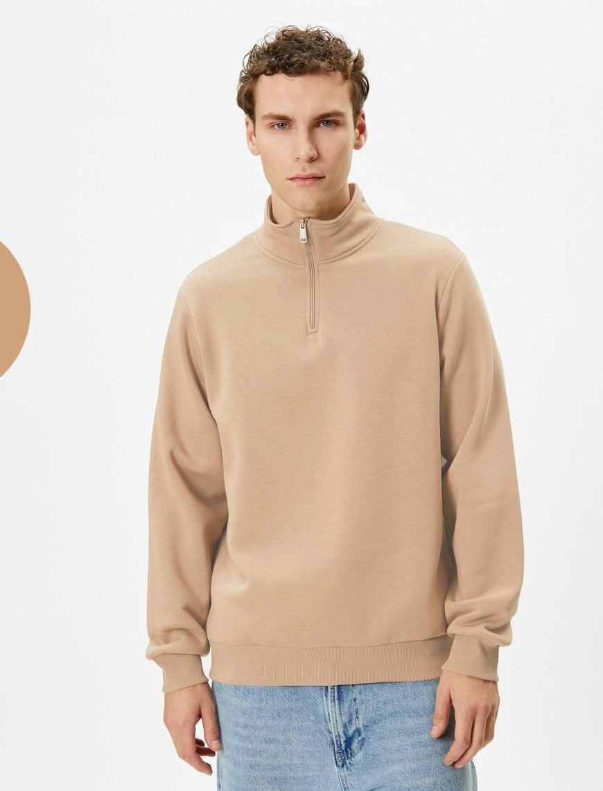 Erkek 3 iplik Pamuklu Uzun Kol Yarım Farmuarlı Yakalı SweatShirt - Bej