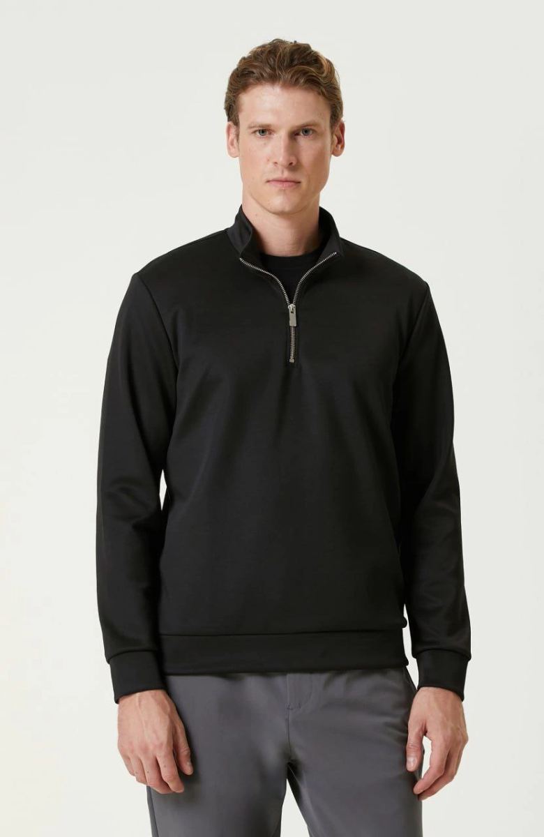 Erkek 3 iplik Pamuklu Uzun Kol Yarım Farmuarlı Yakalı SweatShirt - Siyah