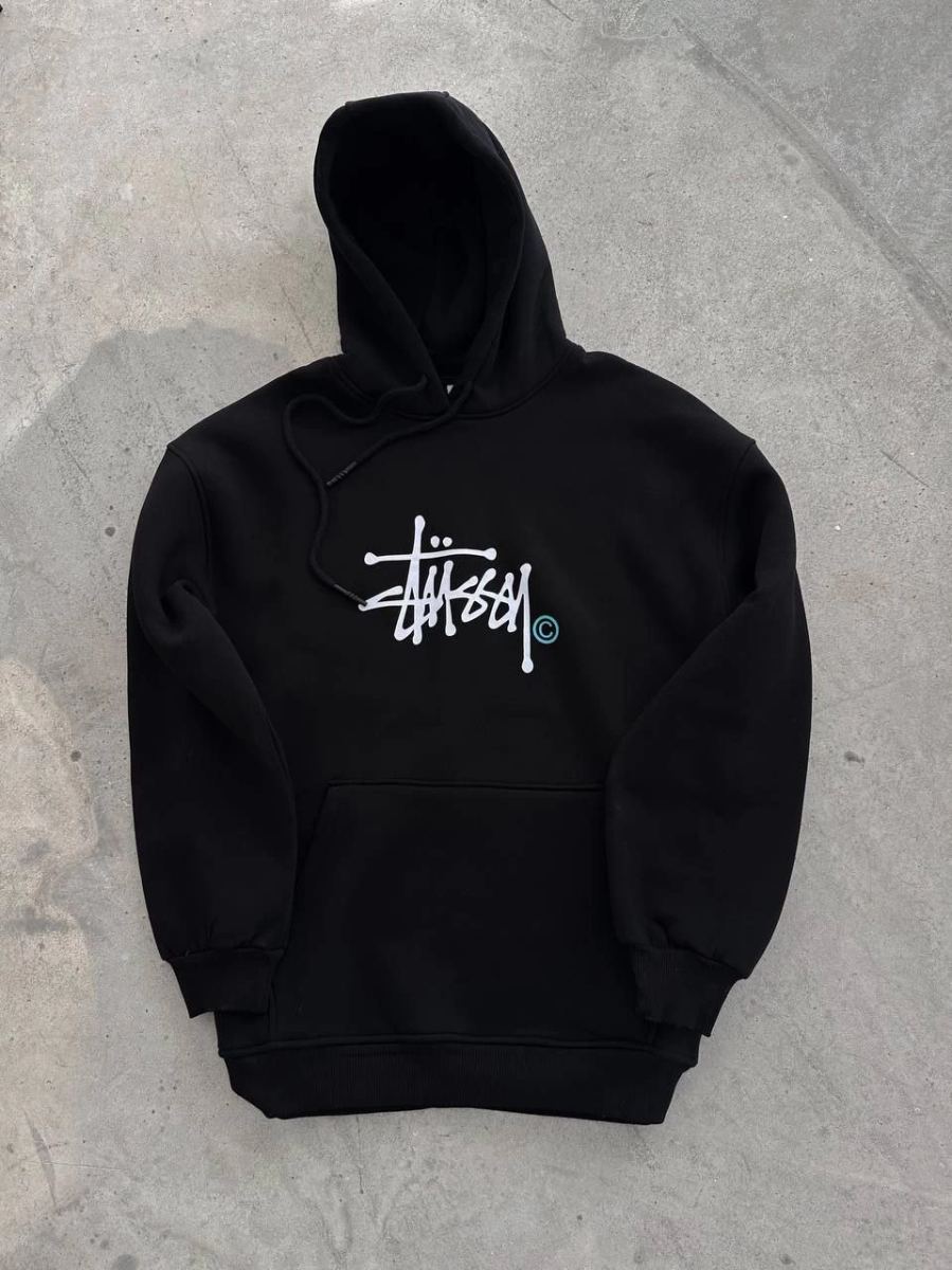 Erkek Üç İplik Kapşonlu Baskılı SweatShirt - Siyah