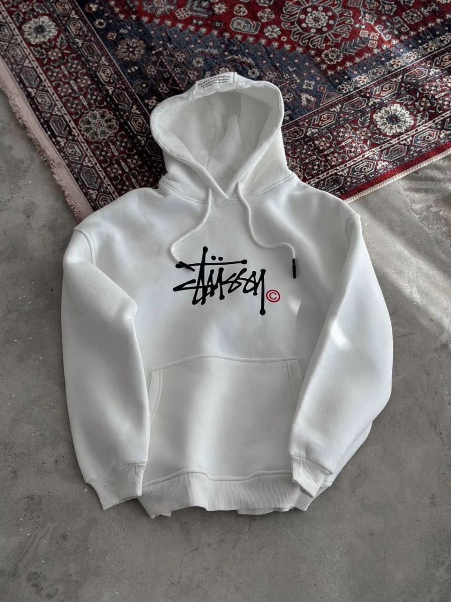 Erkek Üç İplik Kapşonlu Baskılı SweatShirt - Beyaz