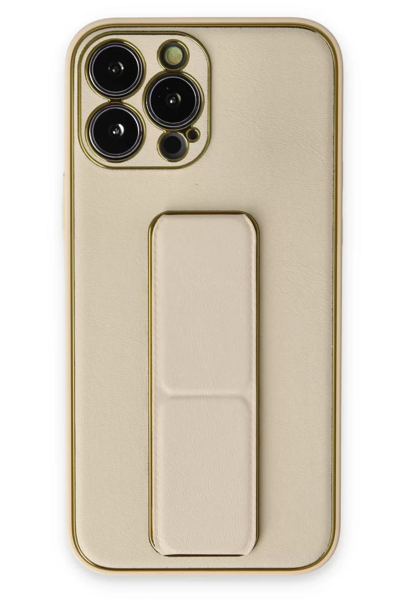 Newface Apple iPhone 13 Pro Kılıf Coco Deri Standlı Kapak - Gold