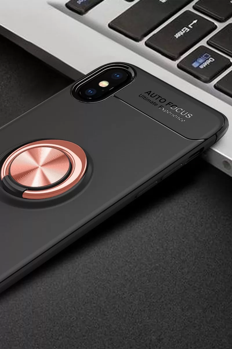 Newface Apple iPhone XS Max Kılıf Range Yüzüklü Silikon - Siyah-Gold