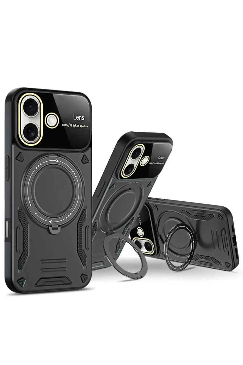 Newface Apple iPhone 16 Kılıf Joy Lens Standlı Kapak - Siyah