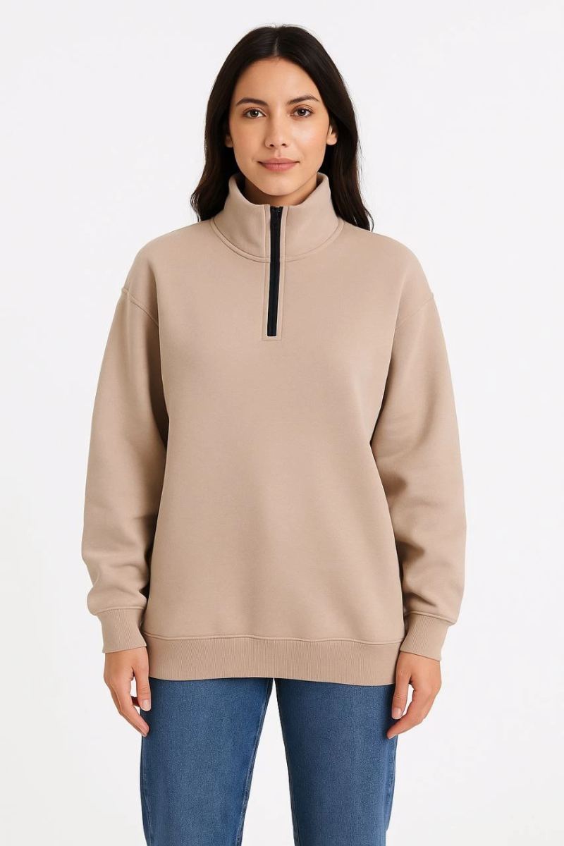 Kadın 3 İplik Dık Yaka Yarım Fermuarlı SweatShirt - Bej