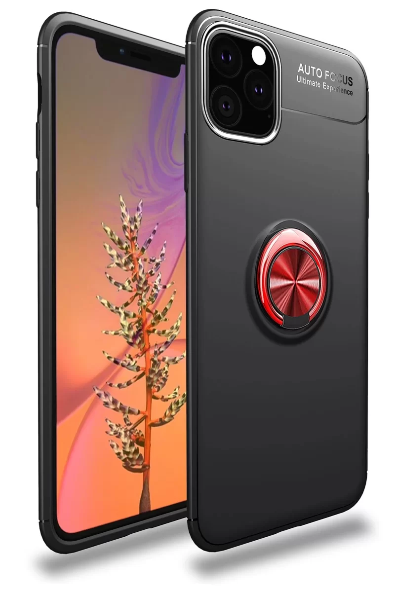 Newface Apple iPhone 11 Pro Kılıf Range Yüzüklü Silikon - Siyah-Kırmızı