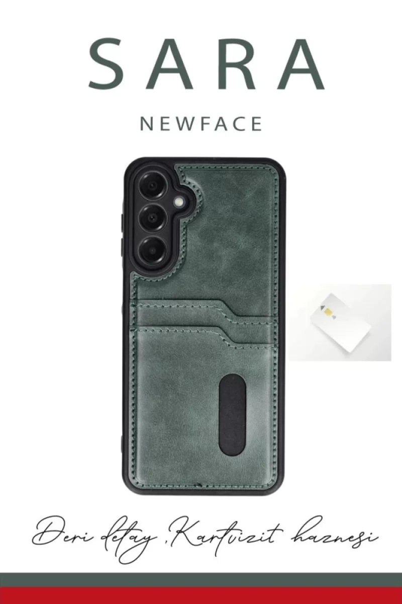 Newface Samsung Galaxy A16 5G Kılıf Sara Kartvizitli Deri Kılıf - Koyu Yeşil