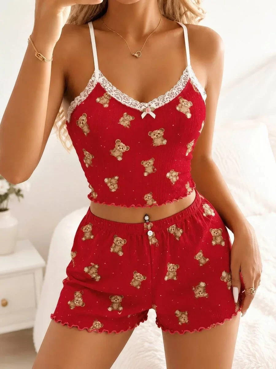 Kadın Kırmızı Sevimli Ayıcık Desenli Yazlık Şortlu Pijama Takımı