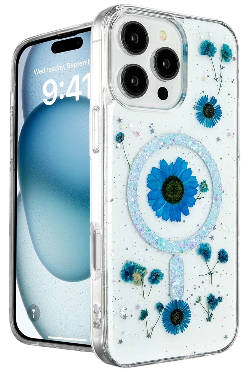 Newface Apple iPhone 16 Pro Kılıf Daisy Simli Magsafe Kapak - Mavi
