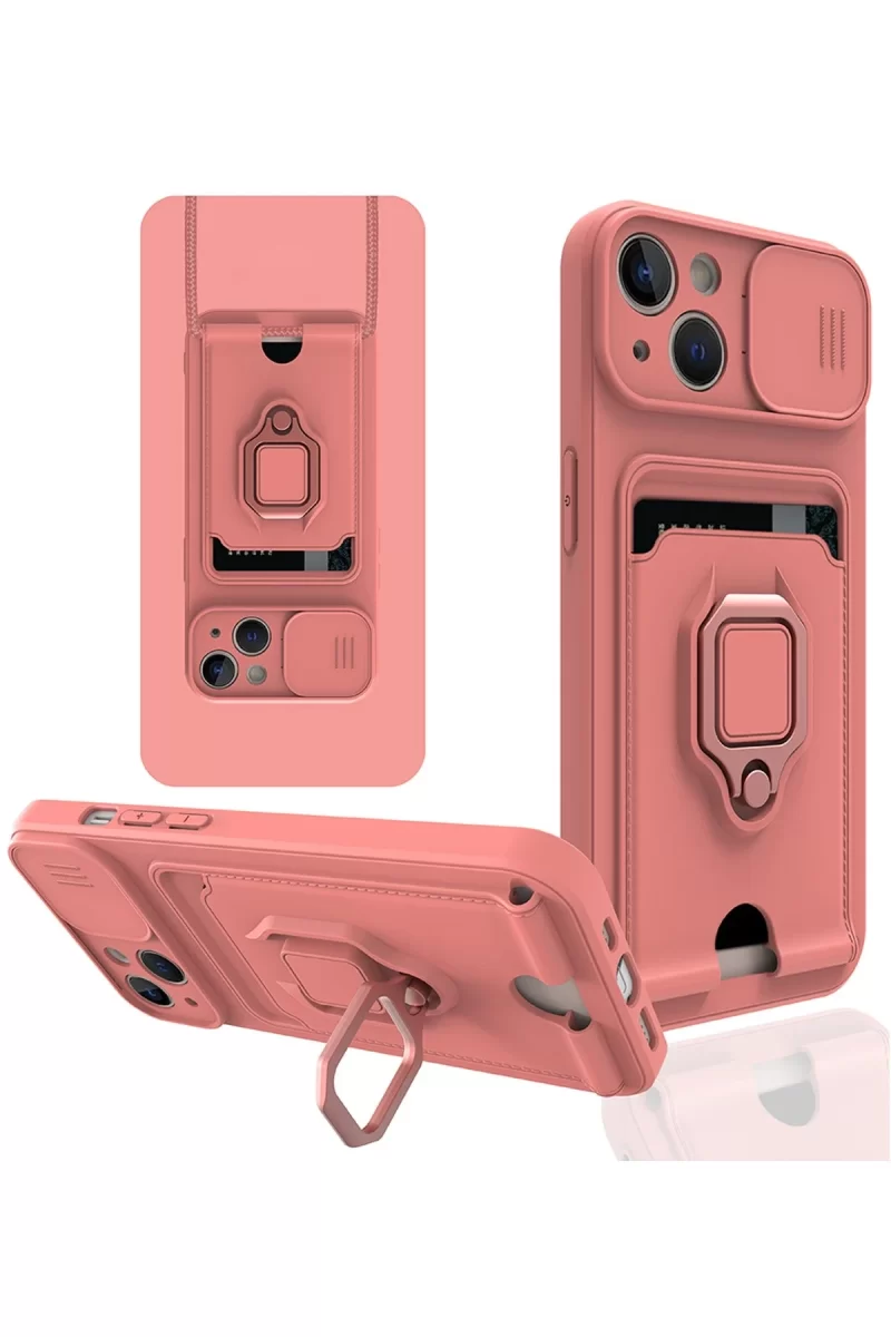 Newface Apple iPhone 13 Kılıf Zuma Kartvizitli Yüzüklü Silikon - Pembe