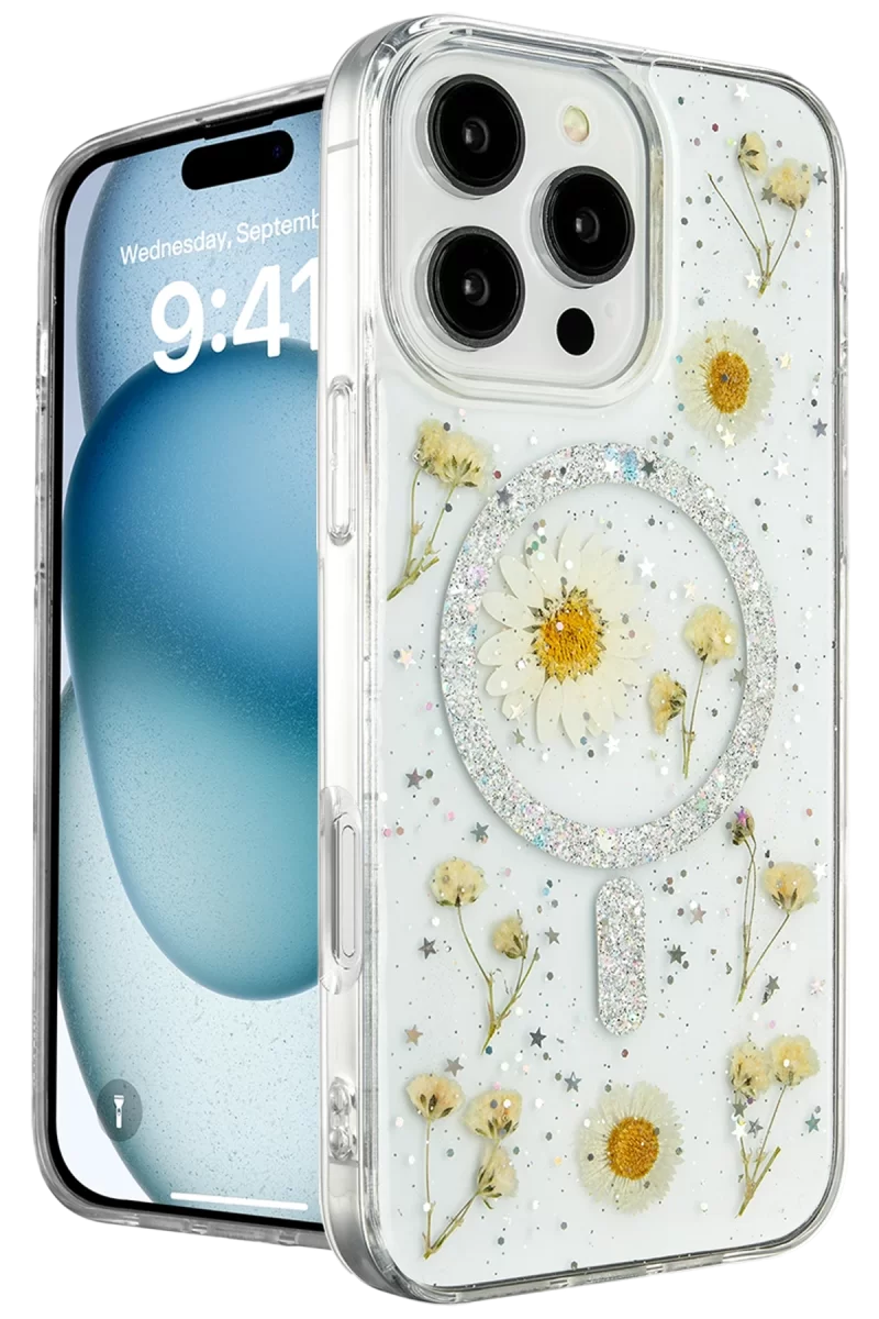 Newface Apple iPhone 16 Pro Max Kılıf Daisy Simli Magsafe Kapak - Gümüş