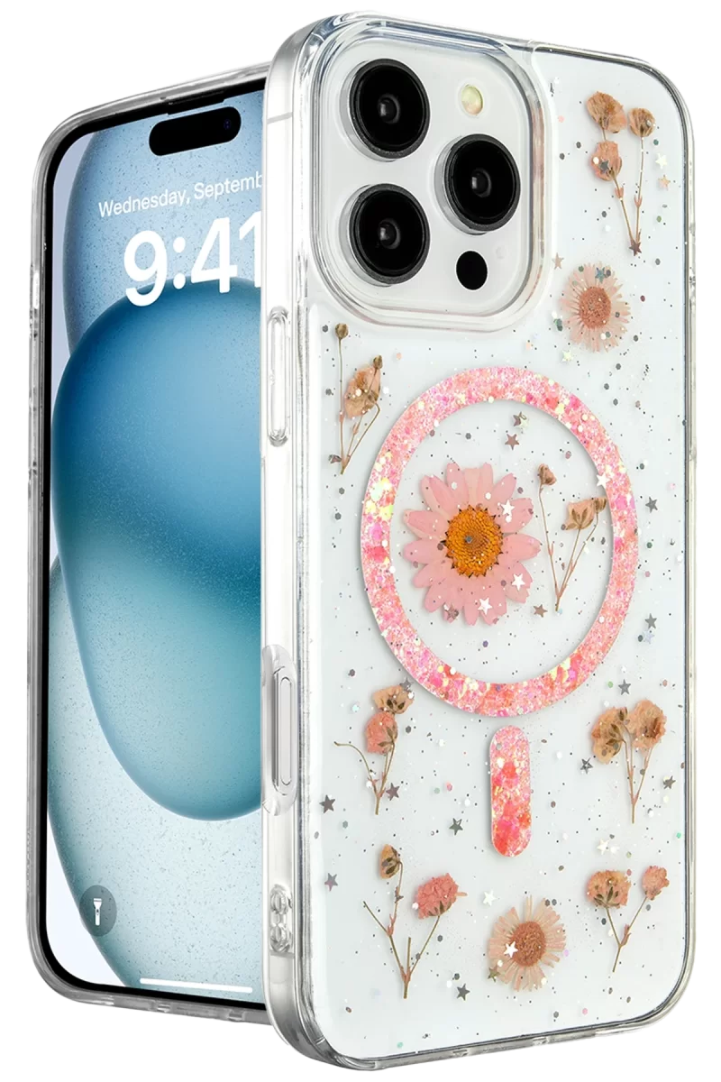 Newface Apple iPhone 16 Pro Max Kılıf Daisy Simli Magsafe Kapak - Pembe