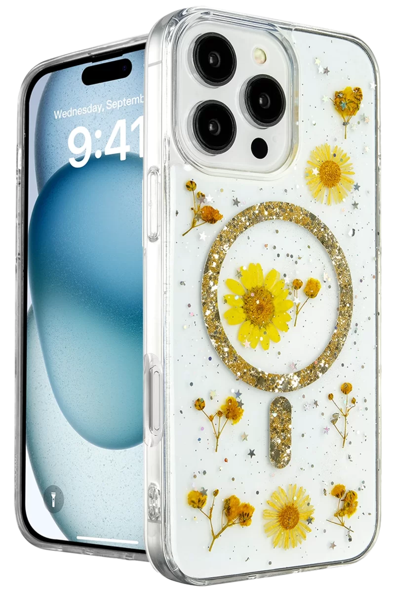 Newface Apple iPhone 16 Pro Max Kılıf Daisy Simli Magsafe Kapak - Gold