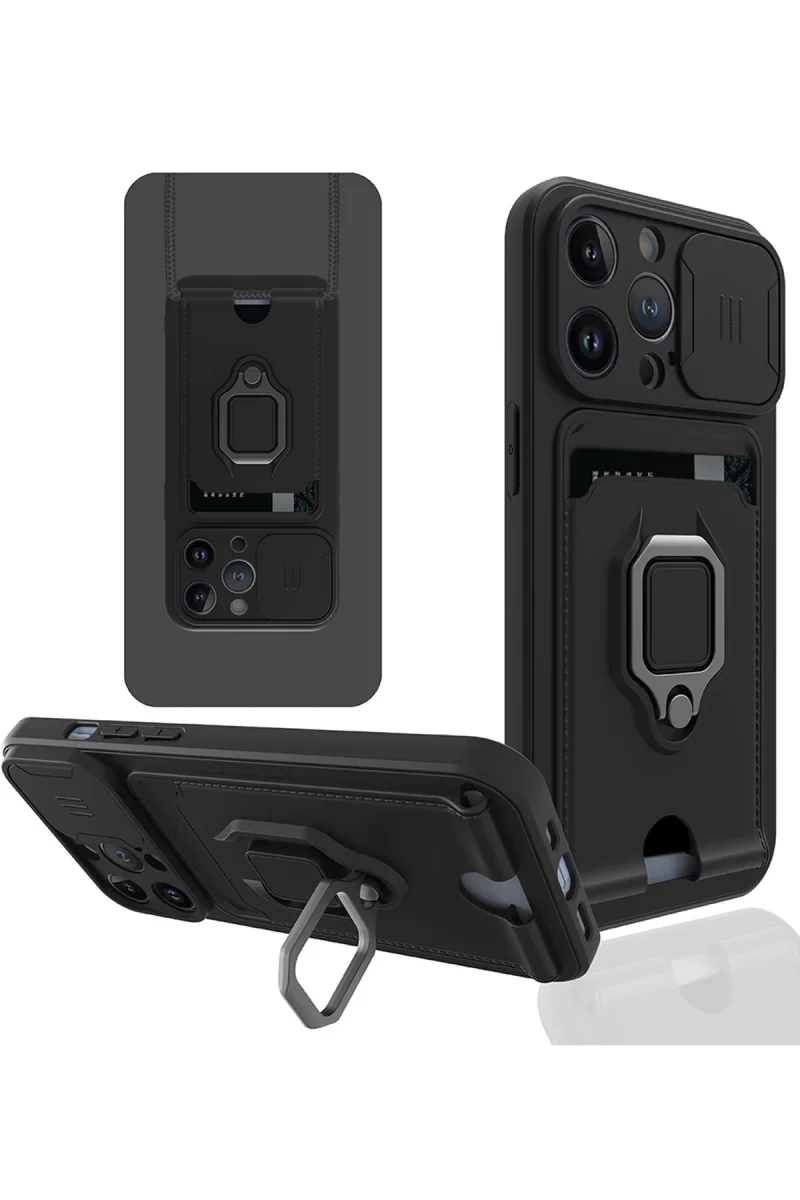 Newface Apple iPhone 13 Pro Kılıf Zuma Kartvizitli Yüzüklü Silikon - Siyah