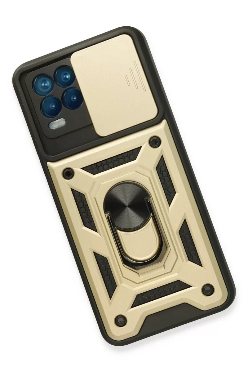 Newface Realme 8 Kılıf Pars Lens Yüzüklü Silikon - Gold