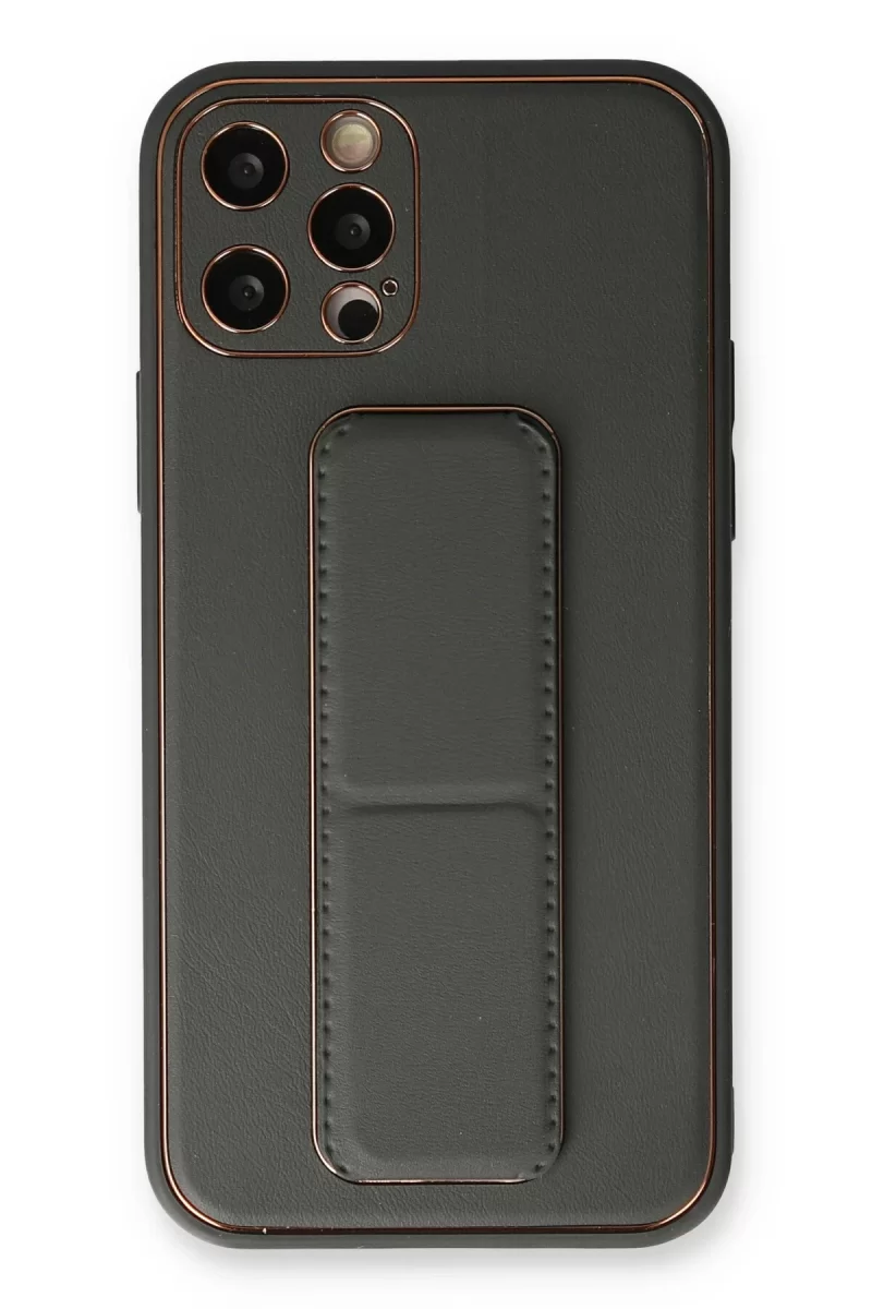 Newface Apple iPhone 12 Pro Kılıf Coco Deri Standlı Kapak - Füme