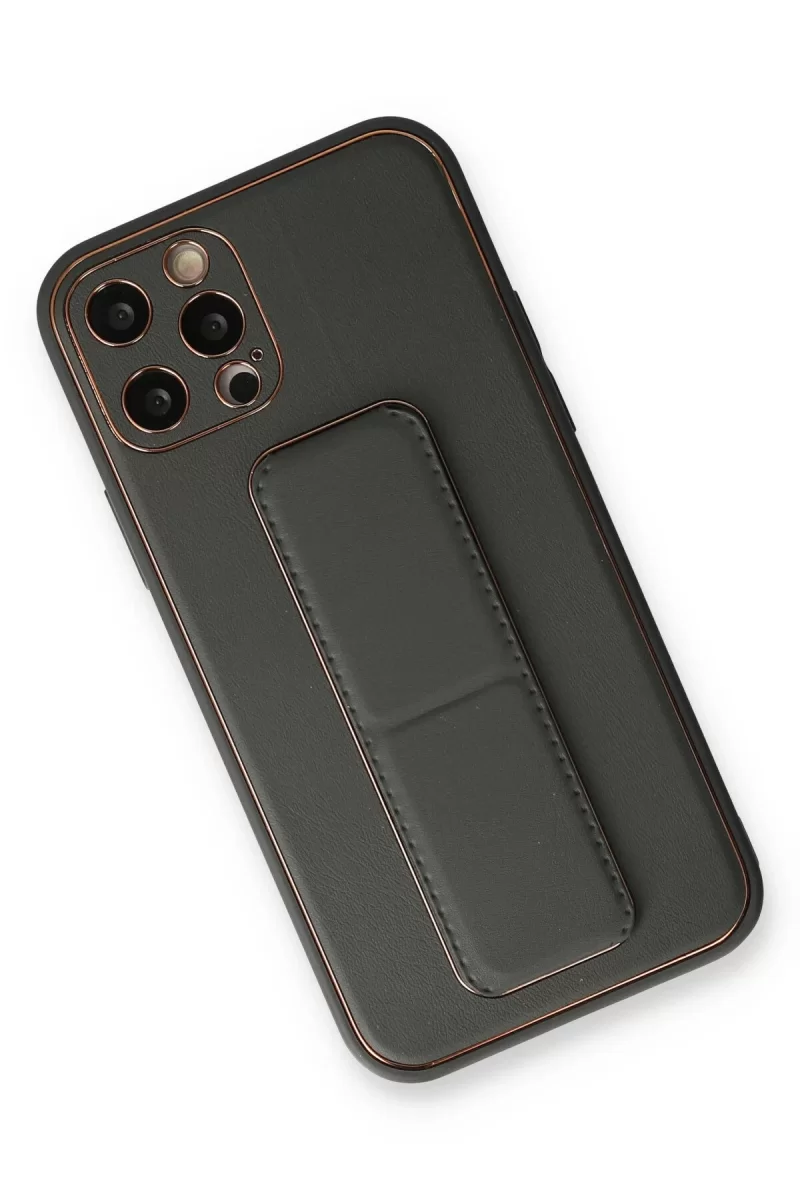 Newface Apple iPhone 12 Pro Kılıf Coco Deri Standlı Kapak - Füme