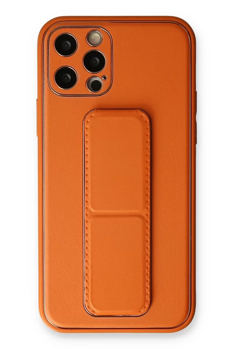 Newface Apple iPhone 12 Pro Kılıf Coco Deri Standlı Kapak - Turuncu