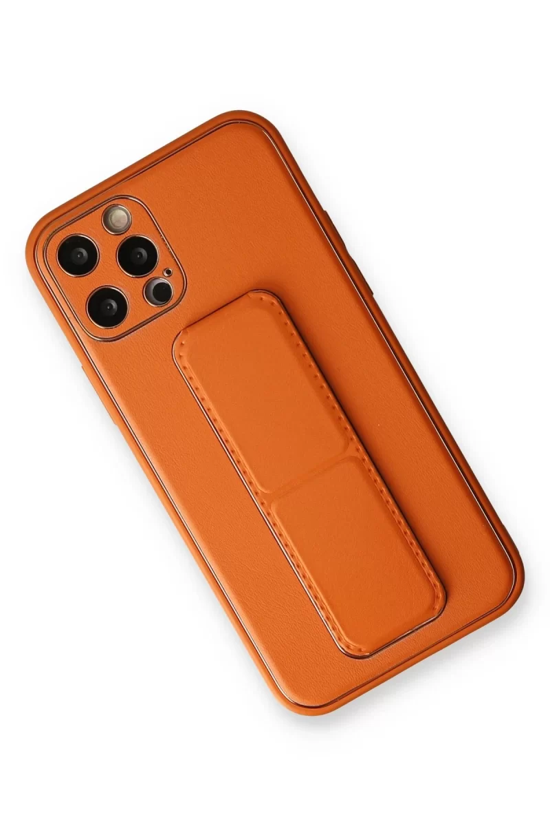 Newface Apple iPhone 12 Pro Kılıf Coco Deri Standlı Kapak - Turuncu