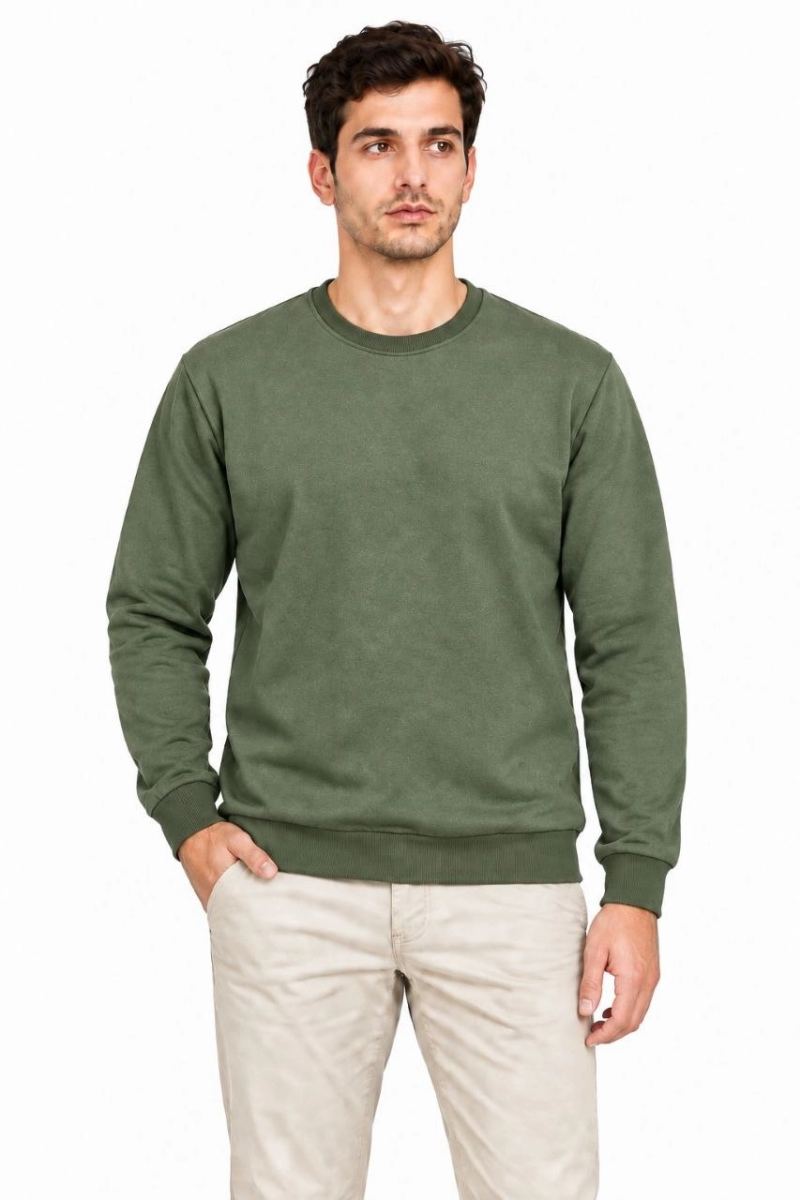 Erkek Bisiklet Yaka İçi Şardonlu 2 İplik Düz Uzun Kollu Regular Fit Sweatshirt -Haki