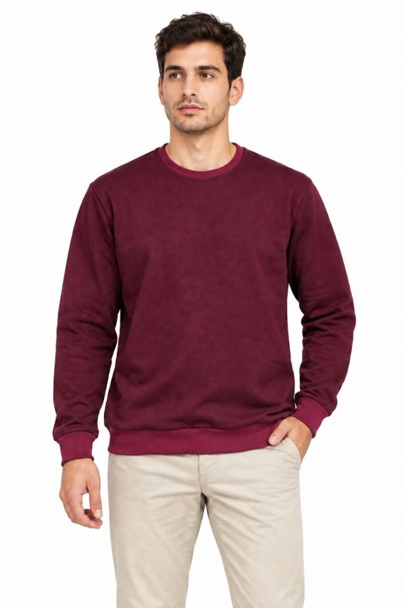 Erkek Bisiklet Yaka İçi Şardonlu 2 İplik Düz Uzun Kollu Regular Fit Sweatshirt -Bordo