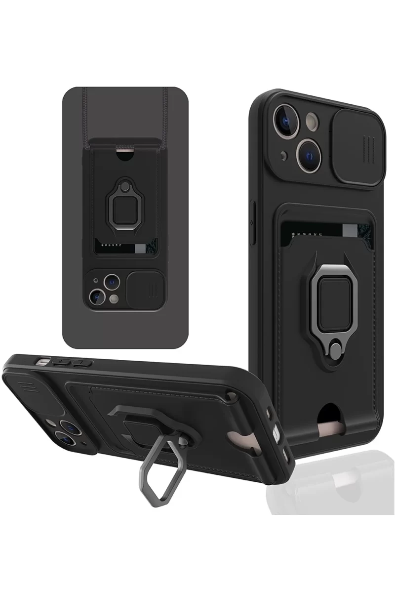 Newface Apple iPhone 14 Plus Kılıf Zuma Kartvizitli Yüzüklü Silikon - Siyah