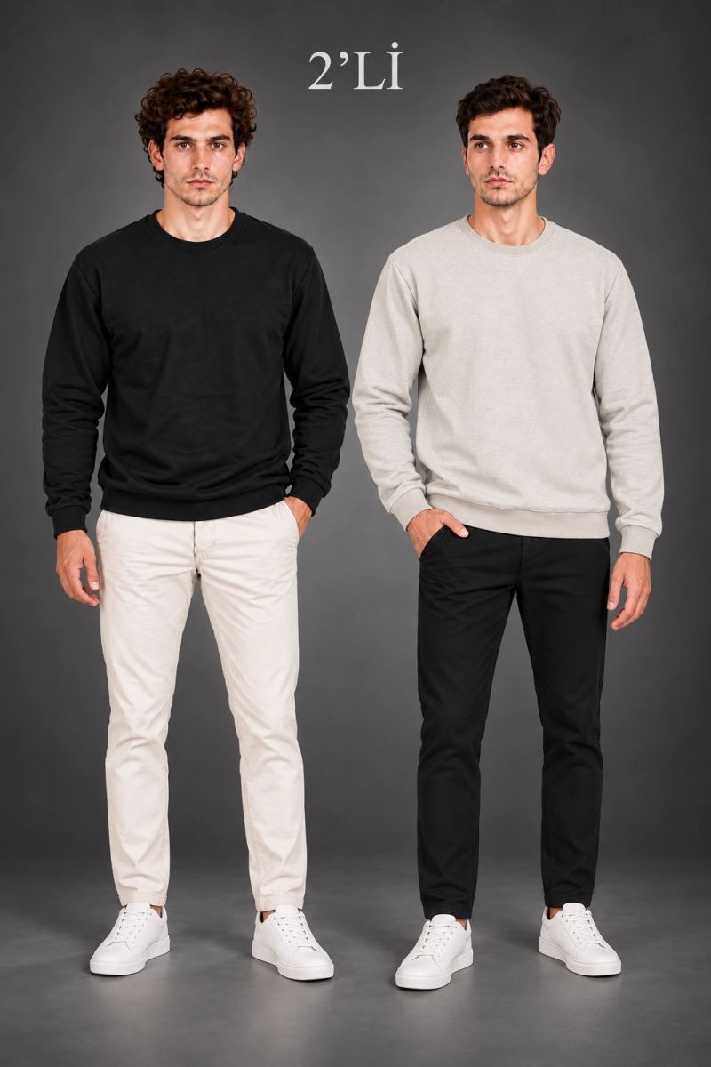 Erkek 2'Li Bisiklet Yaka İçi Şardonlu 2 İplik Düz Uzun Kollu Regular Fit Sweatshirt - Siyah & Gri