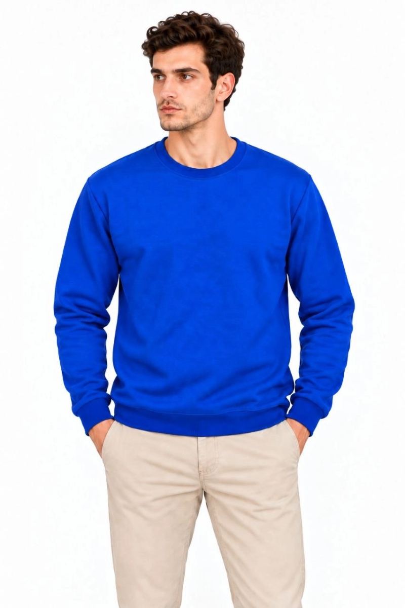 Erkek 2'Li Bisiklet Yaka İçi Şardonlu 2 İplik Düz Uzun Kollu Regular Fit Sweatshirt - Mavi & Kırmızı