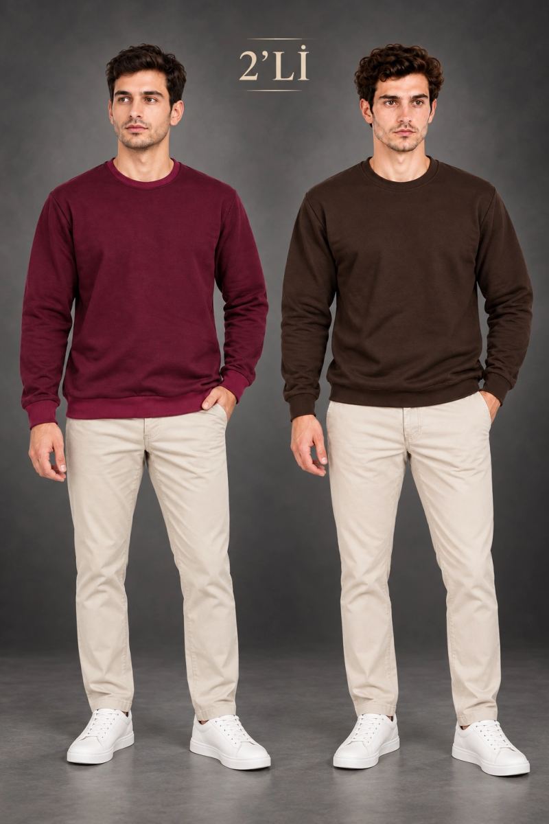 Erkek 2'Li Bisiklet Yaka İçi Şardonlu 2 İplik Düz Uzun Kollu Regular Fit Sweatshirt -Bordo & Kahverengi
