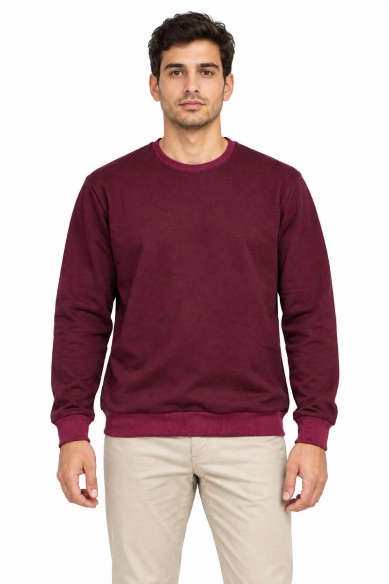 Erkek 2'Li Bisiklet Yaka İçi Şardonlu 2 İplik Düz Uzun Kollu Regular Fit Sweatshirt -Bordo & Kahverengi