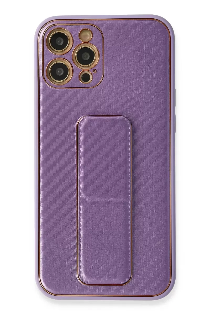 Newface Apple iPhone 12 Pro Kılıf Coco Karbon Standlı Kapak - Mor