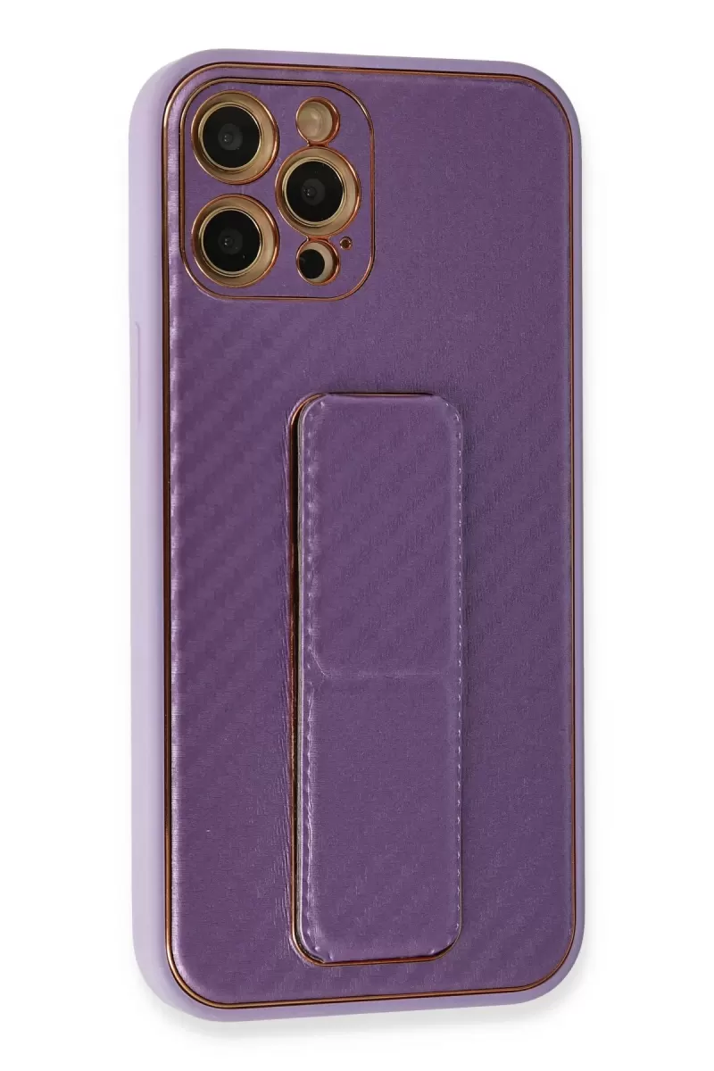 Newface Apple iPhone 12 Pro Kılıf Coco Karbon Standlı Kapak - Mor