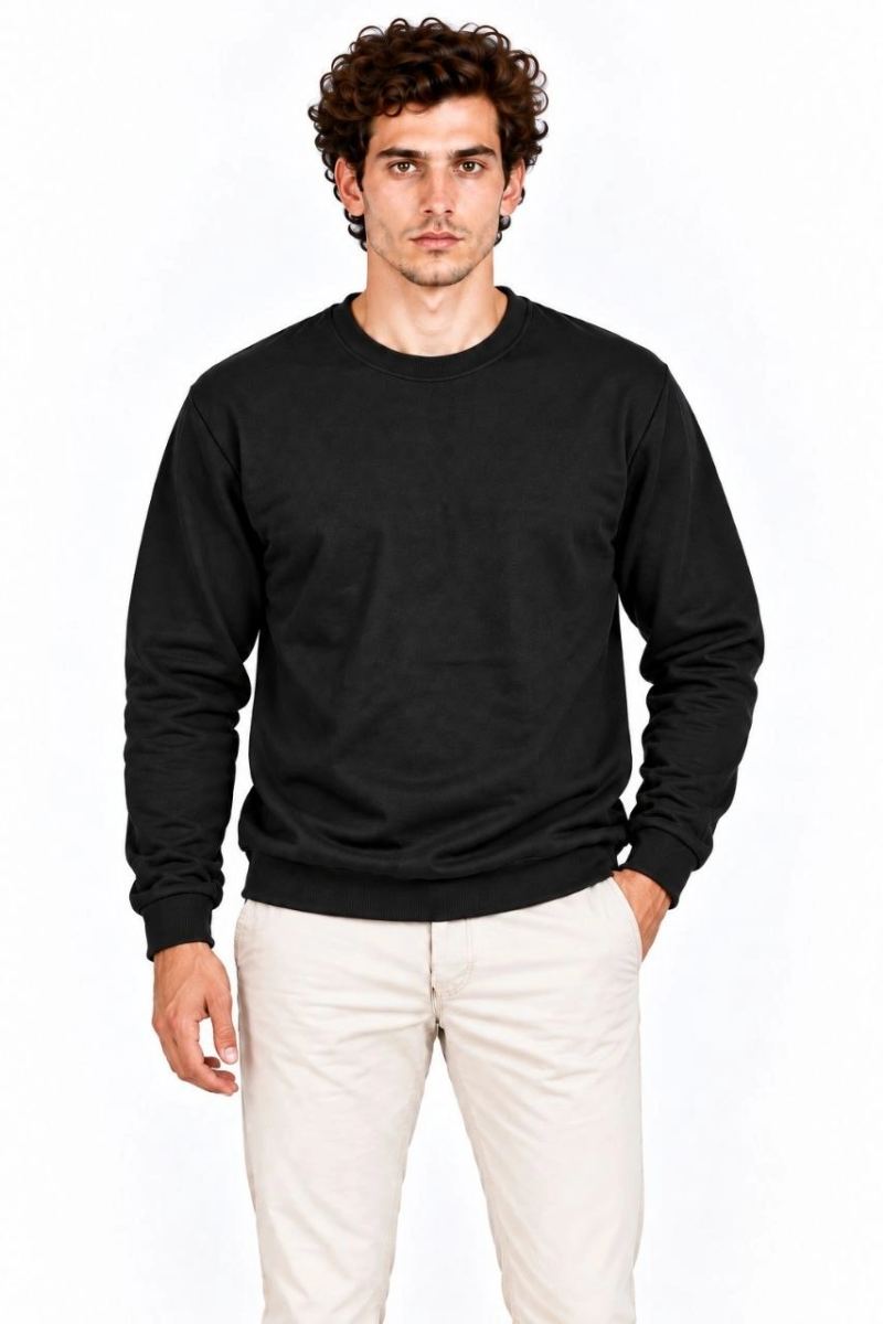 Erkek 2'Li Bisiklet Yaka İçi Şardonlu 2 İplik Düz Uzun Kollu Regular Fit Sweatshirt - Siyah & Haki