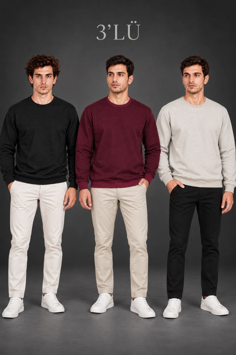 Erkek 3'Lü Bisiklet Yaka İçi Şardonlu 2 İplik Düz Uzun Kollu Regular Fit Sweatshirt - Siyah - Bordo - Gri