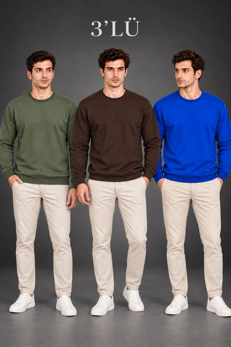 Erkek 3'Lü Bisiklet Yaka İçi Şardonlu 2 İplik Düz Uzun Kollu Regular Fit Sweatshirt - Haki - Kahverengi - Mavi