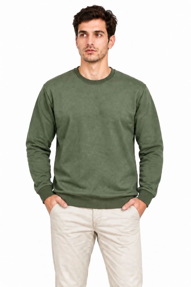 Erkek 3'Lü Bisiklet Yaka İçi Şardonlu 2 İplik Düz Uzun Kollu Regular Fit Sweatshirt - Haki - Kahverengi - Mavi