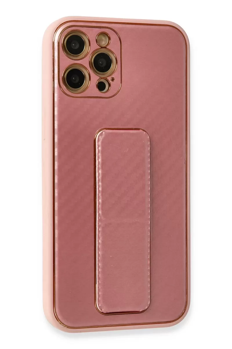 Newface Apple iPhone 12 Pro Kılıf Coco Karbon Standlı Kapak - Pembe