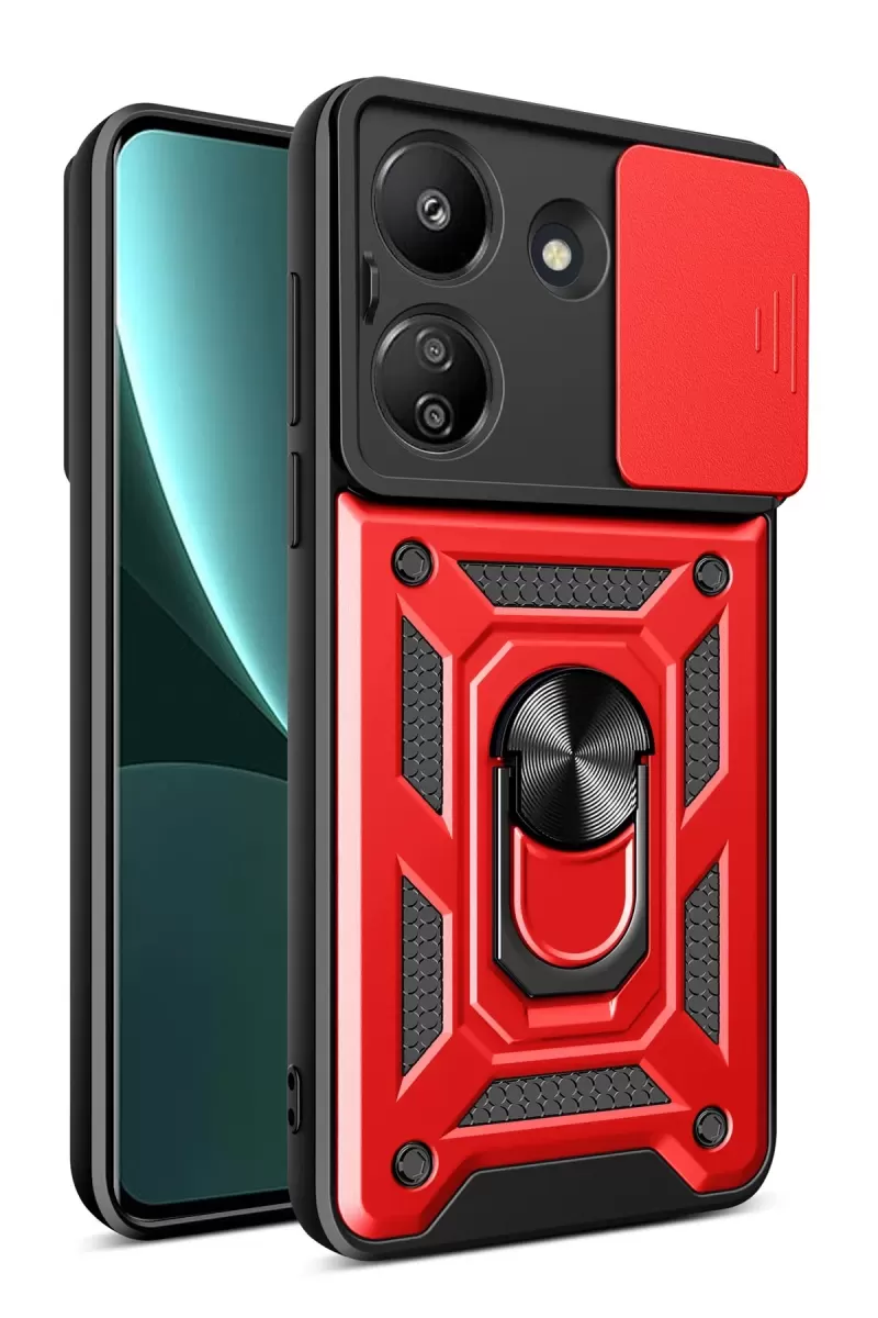 Newface Xiaomi Redmi 13C Kılıf Pars Lens Yüzüklü Silikon - Kırmızı