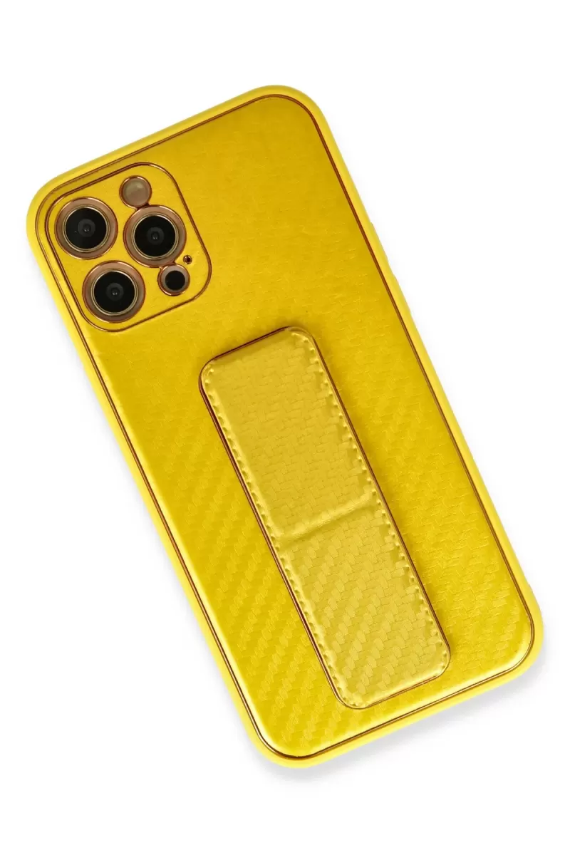 Newface Apple iPhone 12 Pro Max Kılıf Coco Karbon Standlı Kapak - Sarı