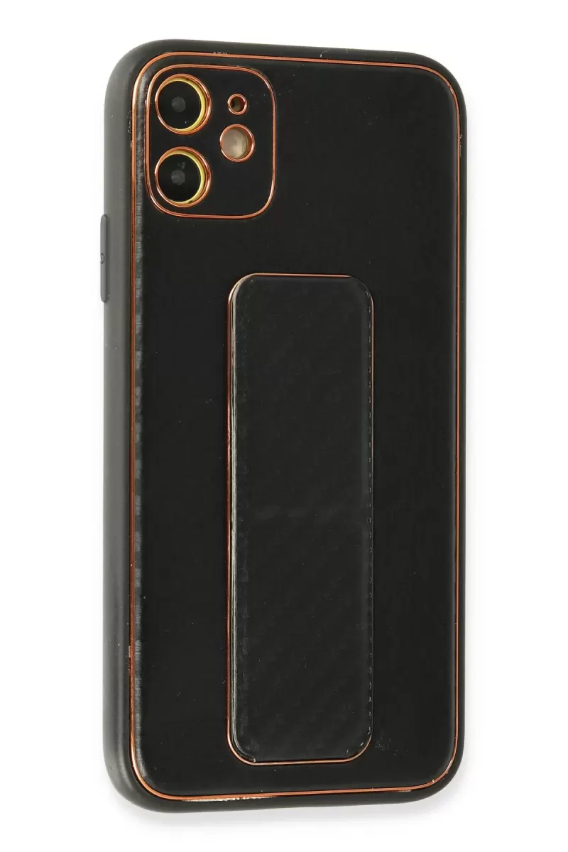 Newface Apple iPhone 12 Kılıf Coco Karbon Standlı Kapak - Siyah