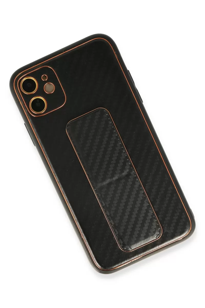 Newface Apple iPhone 12 Kılıf Coco Karbon Standlı Kapak - Siyah
