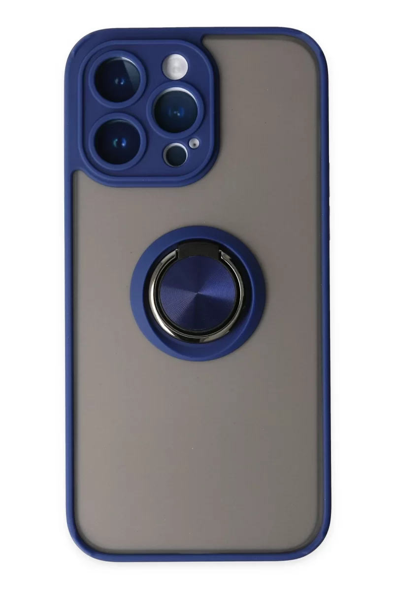 Newface Apple iPhone 14 Pro Max Kılıf Montreal Yüzüklü Silikon Kapak - Lacivert