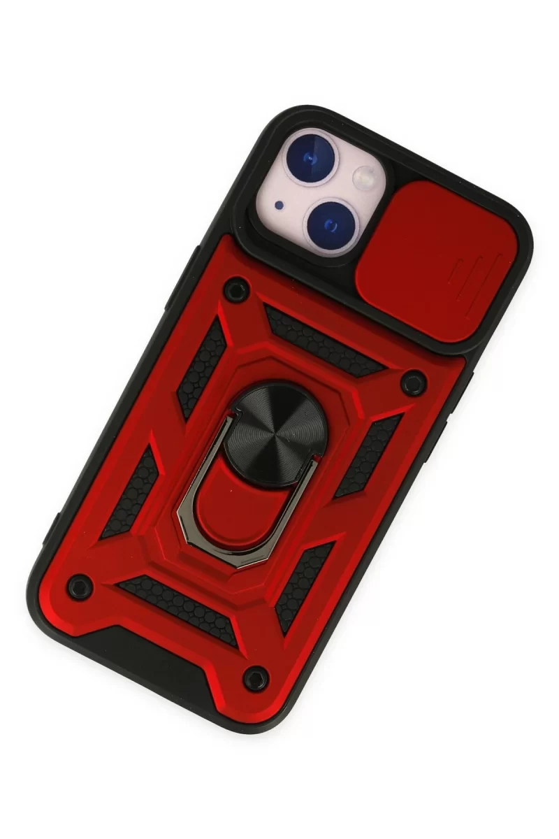 Newface Apple iPhone 14 Kılıf Pars Lens Yüzüklü Silikon - Kırmızı