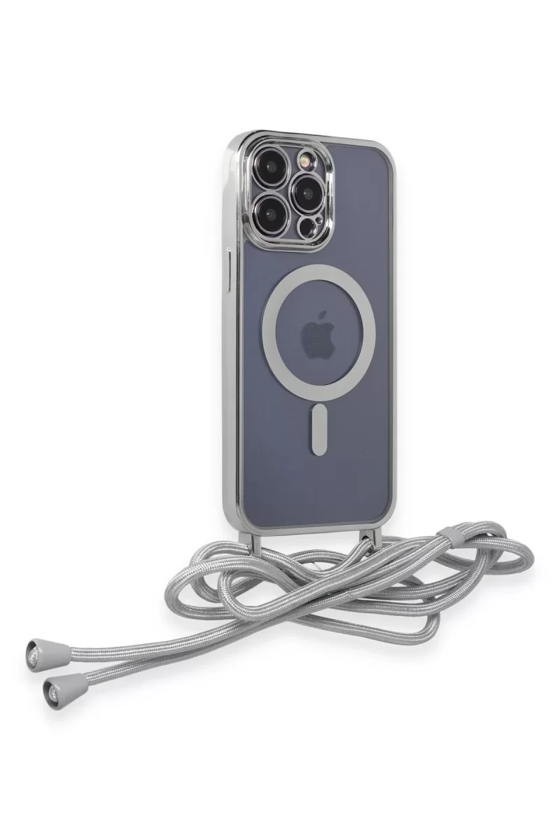 Newface Apple iPhone 13 Pro Max Kılıf Divo Lazer Askılı Magsafe Kapak - Gümüş