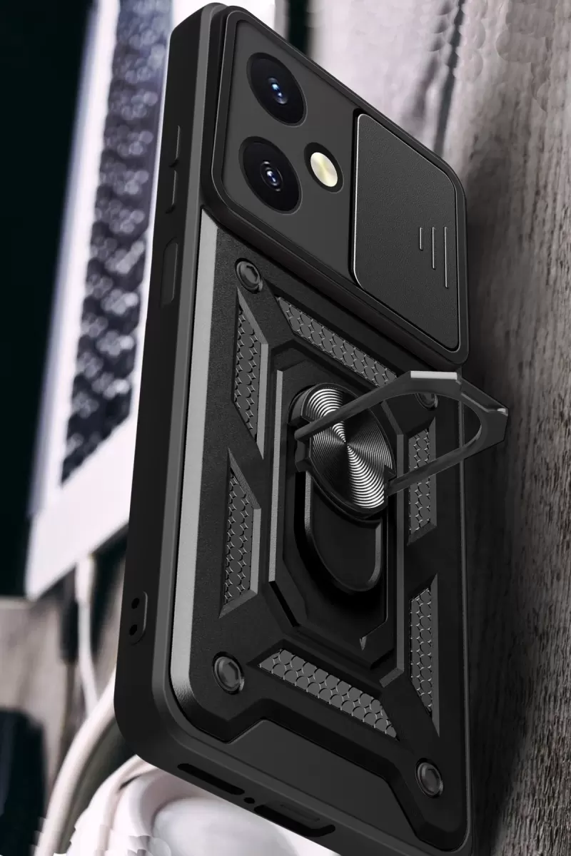 Newface Vivo Y27 Kılıf Pars Lens Yüzüklü Silikon - Gümüş