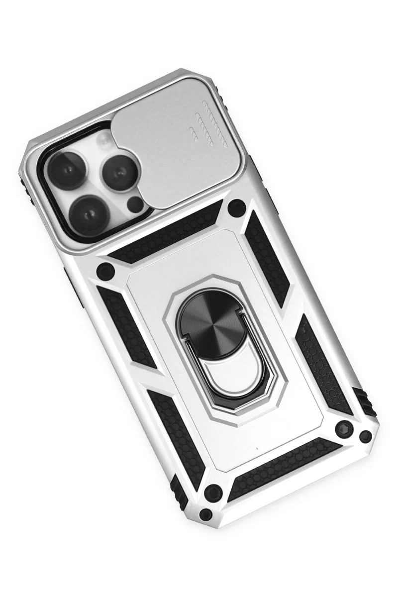 Newface Apple iPhone 14 Pro Kılıf Pars Lens Yüzüklü Silikon - Gümüş